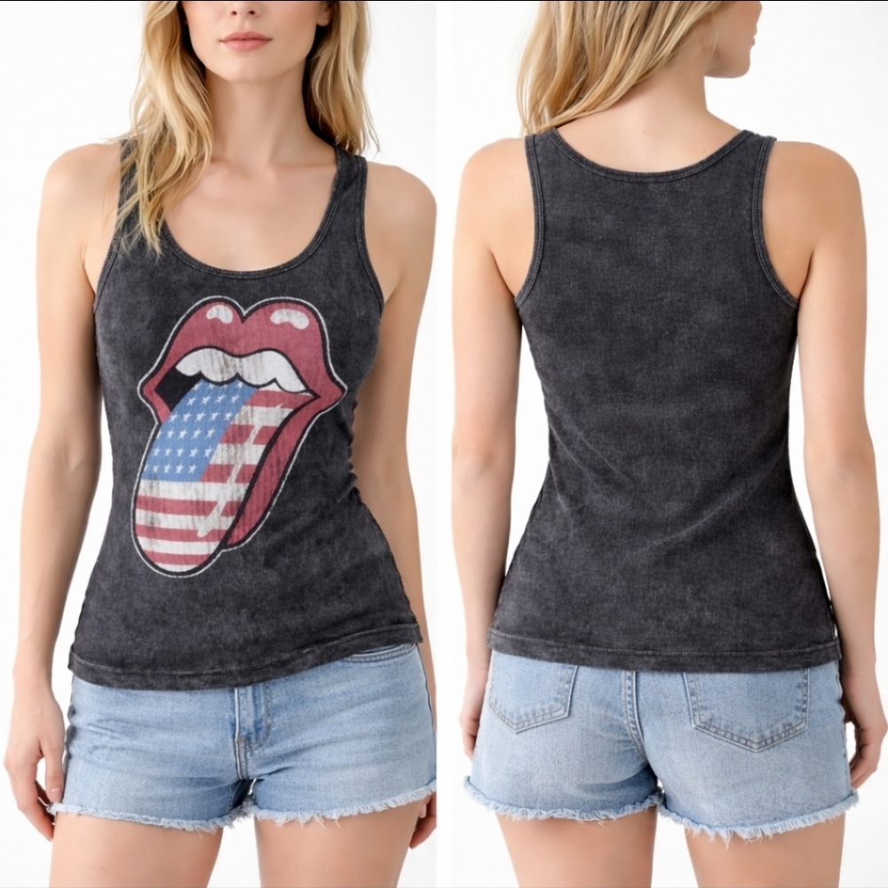 Charcoal Graphic Lips Tank Top American Flag Tongue